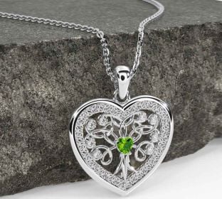 Diamond Peridot White Gold Celtic Tree of Life Trinity Knot Heart Necklace