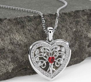 Diamant Rubin Vit Guld Keltiskt Träd av Liv Treenighet Knut Hjärta Halsband