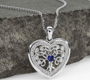 Diamond Sapphire White Gold Celtic Tree of Life Trinity Knot Heart Necklace