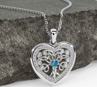 Diamond Topaz White Gold Celtic Tree of Life Trinity Knot Heart Necklace