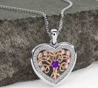 Diamond Amethyst White Rose Gold Celtic Tree of Life Trinity Knot Heart Necklace