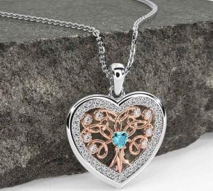 Diamond Aquamarine White Rose Gold Celtic Tree of Life Trinity Knot Heart Necklace