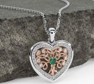 Diamond Emerald White Rose Gold Celtic Tree of Life Trinity Knot Heart Necklace