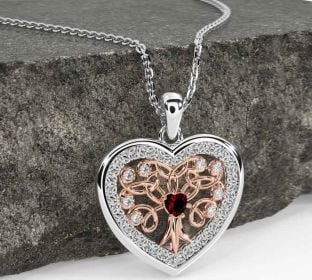 Diamond Garnet White Rose Gold Celtic Tree of Life Trinity Knot Heart Necklace