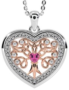 Diamond Pink Tourmaline White Rose Gold Celtic Tree of Life Trinity Knot Heart Necklace