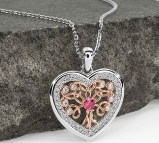Diamond Pink Tourmaline White Rose Gold Celtic Tree of Life Trinity Knot Heart Necklace