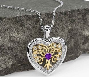 Diamond Amethyst White Yellow Gold Celtic Tree of Life Trinity Knot Heart Necklace