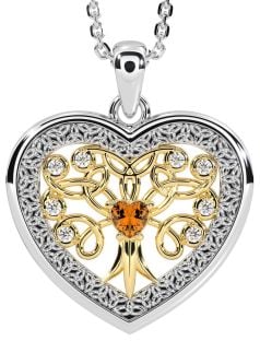 Diamond Citrine White Yellow Gold Celtic Tree of Life Trinity Knot Heart Necklace