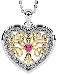 Diamond Pink Tourmaline White Yellow Gold Celtic Tree of Life Trinity Knot Heart Necklace