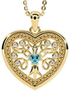 Diamond Aquamarine Gold Celtic Tree of Life Trinity Knot Heart Necklace