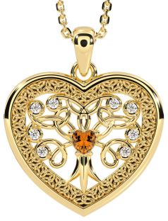 Diamond Citrine Gold Celtic Tree of Life Trinity Knot Heart Necklace