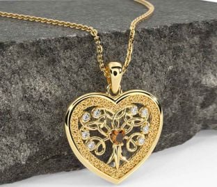 Diamond Citrine Gold Celtic Tree of Life Trinity Knot Heart Necklace