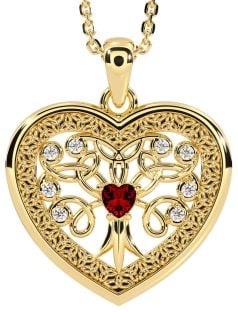 Diamond Garnet Gold Celtic Tree of Life Trinity Knot Heart Necklace