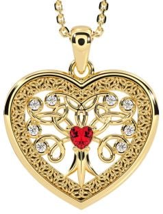 Diamond Ruby Gold Celtic Tree of Life Trinity Knot Heart Necklace