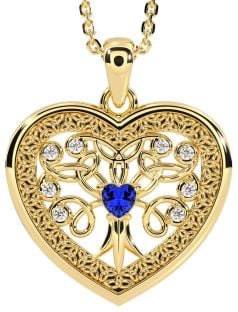 Diamond Sapphire Gold Celtic Tree of Life Trinity Knot Heart Necklace