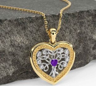 Diamond Amethyst White Yellow Gold Celtic Tree of Life Trinity Knot Heart Necklace