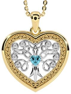 Diamond Aquamarine White Yellow Gold Celtic Tree of Life Trinity Knot Heart Necklace
