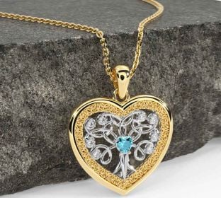Diamond Aquamarine White Yellow Gold Celtic Tree of Life Trinity Knot Heart Necklace
