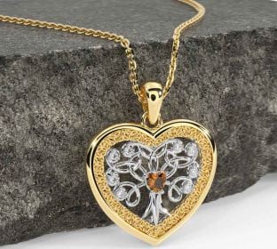 Diamond Citrine White Yellow Gold Celtic Tree of Life Trinity Knot Heart Necklace