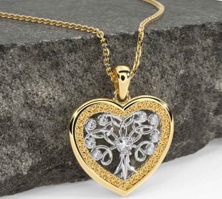 Diamond White Yellow Gold Celtic Tree of Life Trinity Knot Heart Necklace