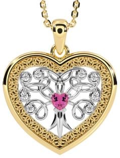 Diamond Pink Tourmaline White Yellow Gold Celtic Tree of Life Trinity Knot Heart Necklace