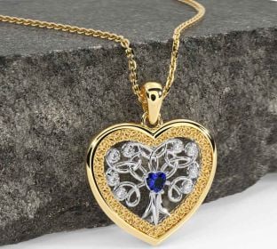 Diamond Sapphire White Yellow Gold Celtic Tree of Life Trinity Knot Heart Necklace