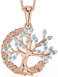 Aquamarine Rose Gold Silver Celtic Tree of Life Trinity Knot Necklace