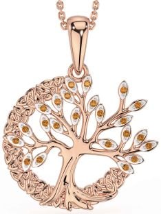 Citrine Rose Gold Silver Celtic Tree of Life Trinity Knot Necklace