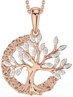 Diamond Rose Gold Silver Celtic Tree of Life Trinity Knot Necklace