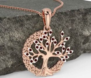 Garnet Rose Gold Silver Celtic Tree of Life Trinity Knot Necklace