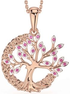 Pink Tourmaline Rose Gold Silver Celtic Tree of Life Trinity Knot Necklace