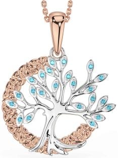 Aquamarine Rose Gold Silver Celtic Tree of Life Trinity Knot Necklace