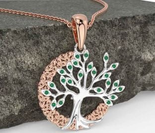 Emerald Rose Gold Silver Celtic Tree of Life Trinity Knot Necklace