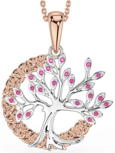 Pink Tourmaline Rose Gold Silver Celtic Tree of Life Trinity Knot Necklace