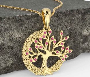 Pink Tourmaline Gold Silver Celtic Tree of Life Trinity Knot Necklace