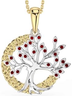 Garnet Gold Silver Celtic Tree of Life Trinity Knot Necklace