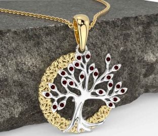 Garnet Gold Silver Celtic Tree of Life Trinity Knot Necklace