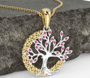 Pink Tourmaline Gold Silver Celtic Tree of Life Trinity Knot Necklace