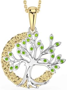 Peridot Gold Silver Celtic Tree of Life Trinity Knot Necklace