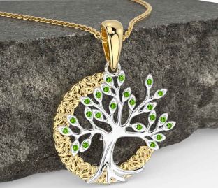 Peridot Gold Silver Celtic Tree of Life Trinity Knot Necklace
