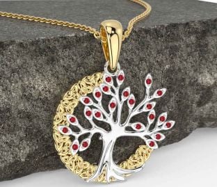 Ruby Gold Silver Celtic Tree of Life Trinity Knot Necklace