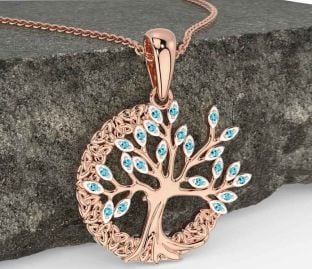 Aquamarine Rose Gold Celtic Tree of Life Trinity Knot Necklace