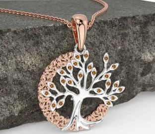 Citrine White Rose Gold Celtic Tree of Life Trinity Knot Necklace