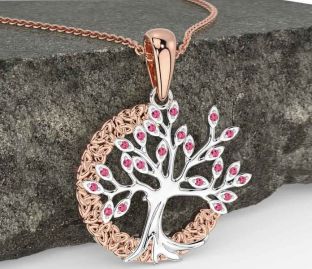 Pink Tourmaline White Rose Gold Celtic Tree of Life Trinity Knot Necklace