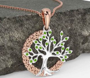 Peridot White Rose Gold Celtic Tree of Life Trinity Knot Necklace