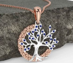 Sapphire White Rose Gold Celtic Tree of Life Trinity Knot Necklace
