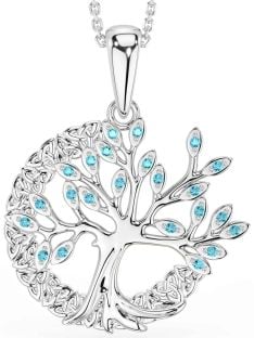 Aquamarine Silver Celtic Tree of Life Trinity Knot Necklace