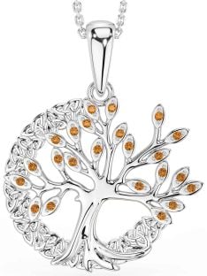 Citrine Silver Celtic Tree of Life Trinity Knot Necklace