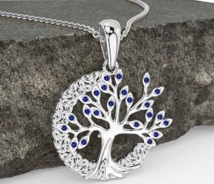 Sapphire Silver Celtic Tree of Life Trinity Knot Necklace