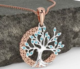Aquamarine Rose Gold Silver Celtic Tree of Life Trinity Knot Necklace